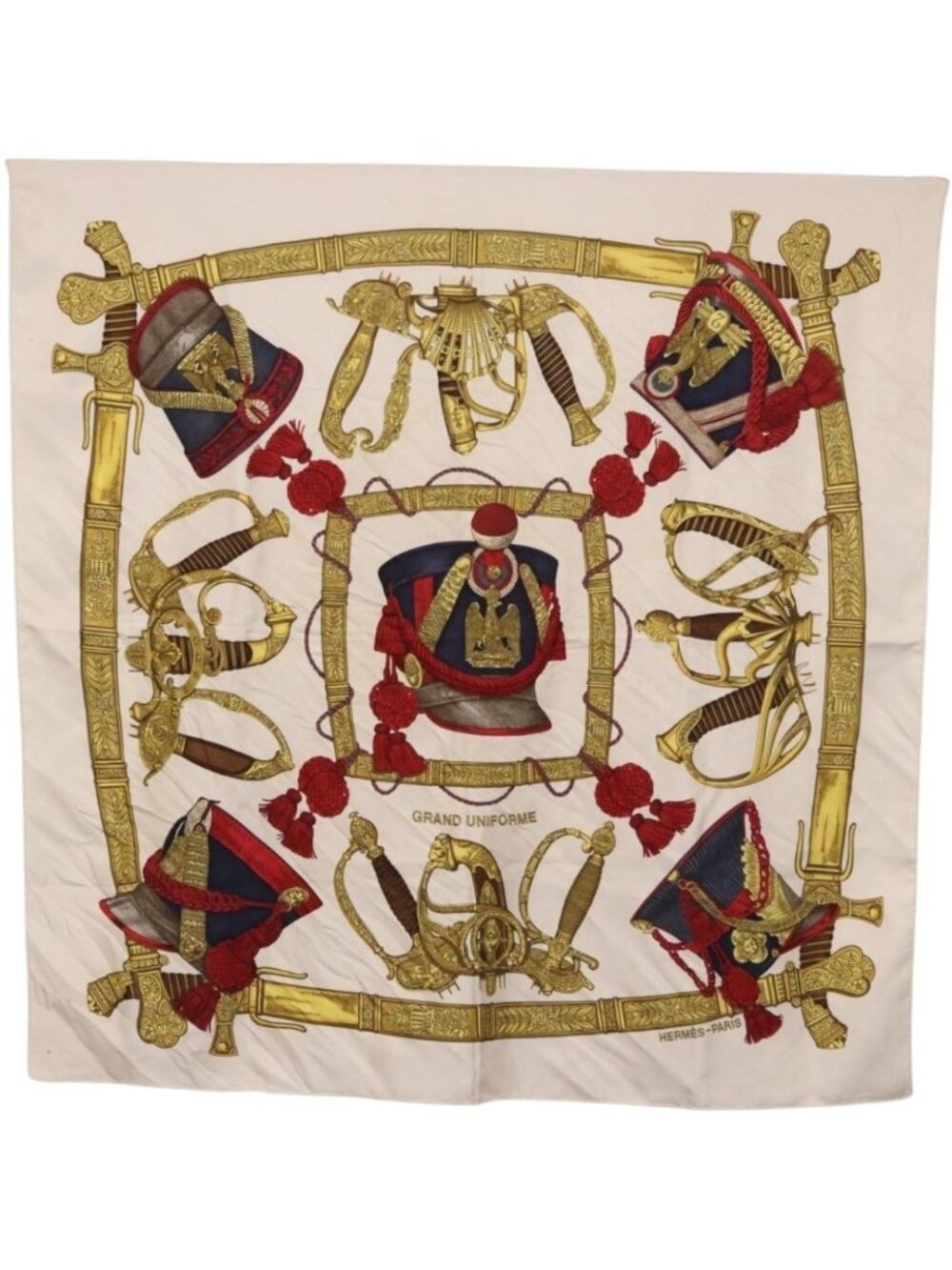 HERMES Carre 90 Scarf ”GRAND UNIFORME” Silk Beige